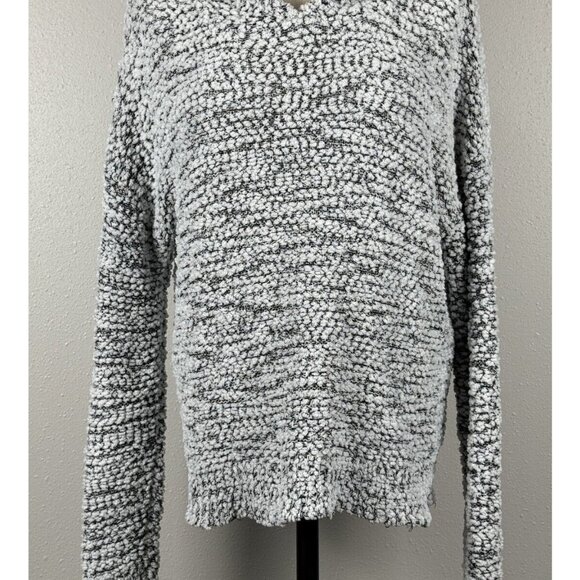 Cozy Womens Hooded Sweater Size Large Gray White Textured Knit Pullover Relaxed - Picture 1 of 14